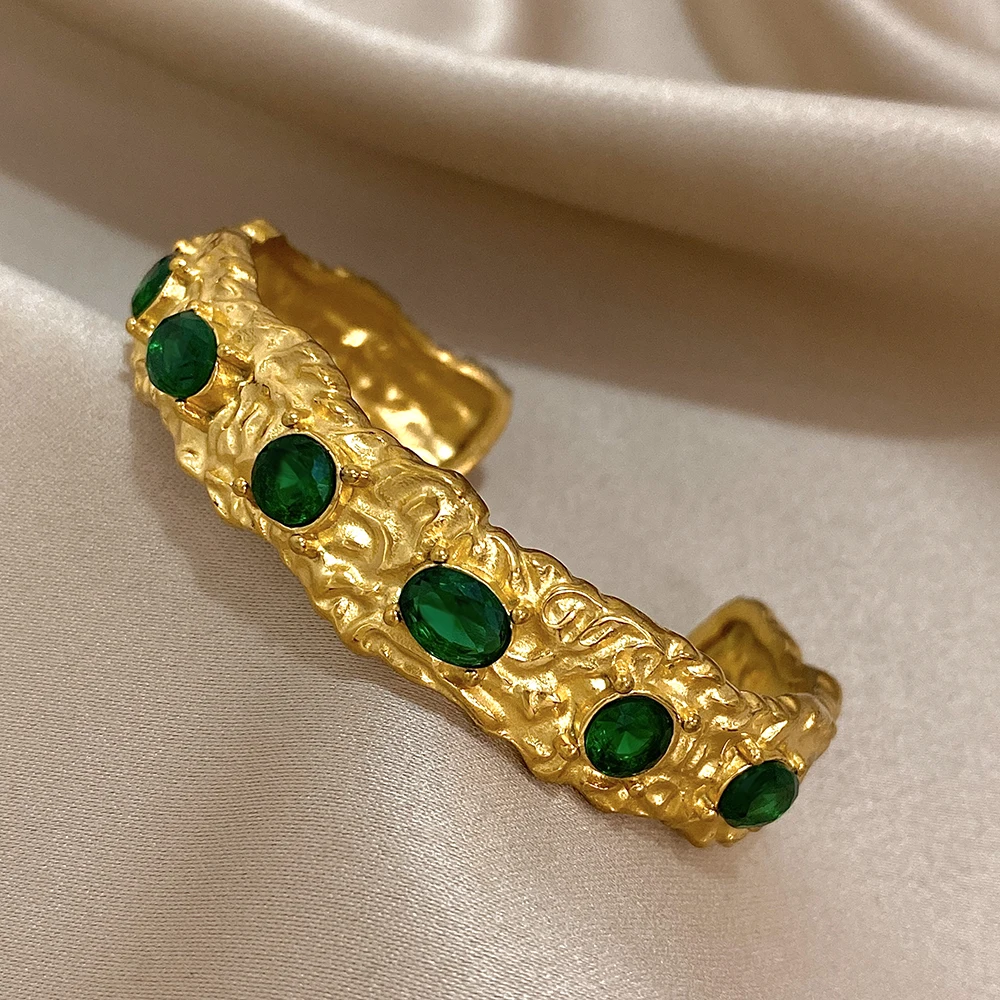 Винтажный браслет-манжета из нержавеющей стали с зеленым цирконием массивные