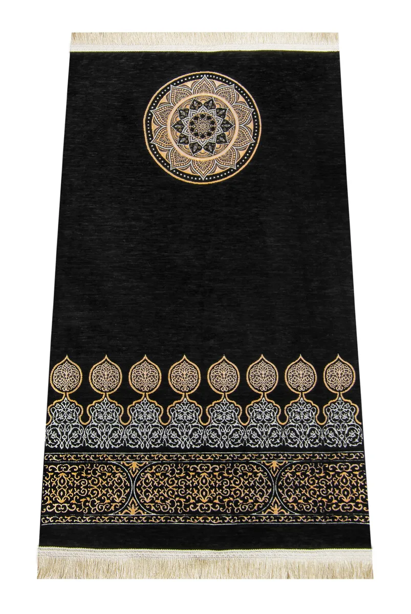 IQRAH Kaaba Patterned Ultra Plus Black Chenille Prayer Mat 9