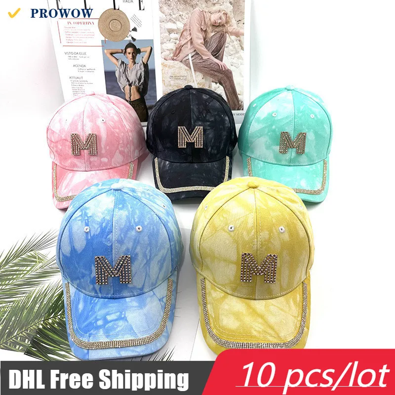 PROWOW Metal M-letter Diamond Chain Baseball Cap Adjustable Color Tie Dye Cap Sun Shade Versatile Hat  Wholesale Bulk Hats 7325