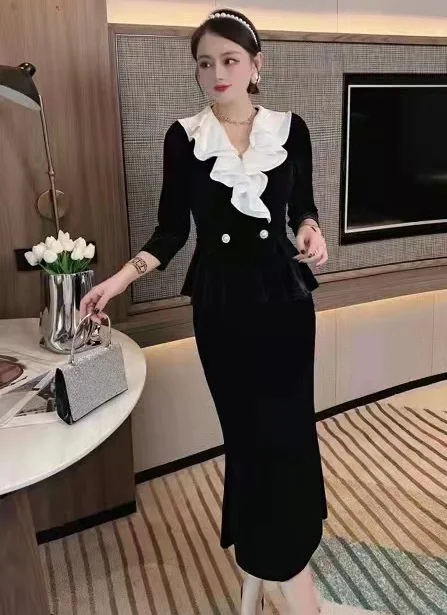 

Top Quality Women's Set 2022 Autumn Winter Skirt Sets Ladies White Ruffle Deco Long Sleeve Tops Coat+Velour Skirt Sets Female