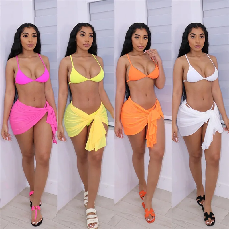 

Summer Sexy Bandage Three Piece Set Women Solid Lace Up Cleavage Bra Top With Panties+Mesh Pleat Skirt Vacation Beachwear Suits