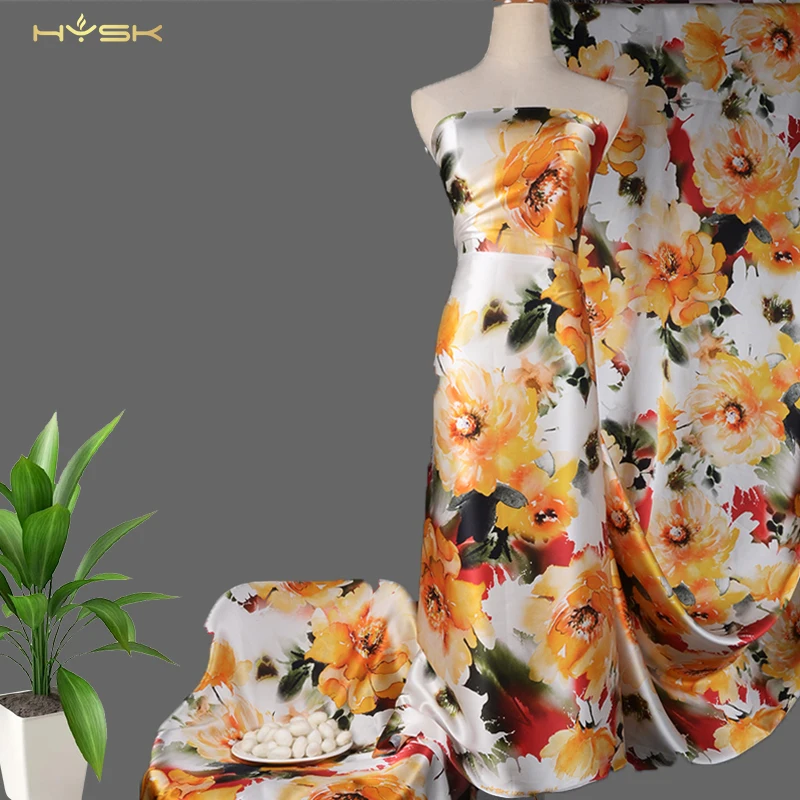 

Тяжелая атласная ткань HYSK, 100% натуральный шелк, креп-сатин, 19 мм, натуральный материал, летняя краска, Цветочный Принт по метрам для платья/шарфа E2533