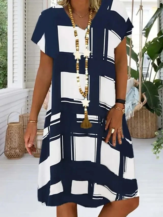 

Abstract Women Printed Casual Dress Round Neck Elegant Female Short Sleeves Knee Length New Design Loose Dress Summer 2022