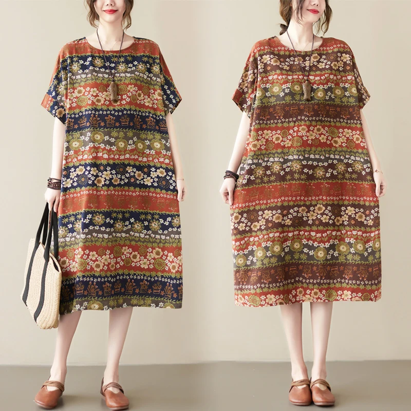 Женское винтажное платье из хлопка и льна тонкое Повседневное большого размера с