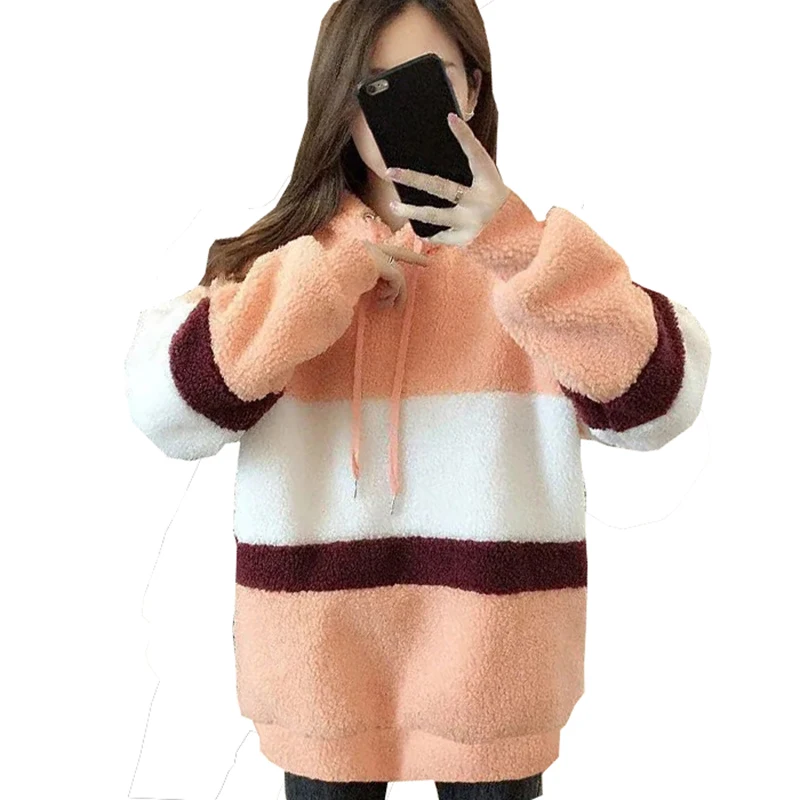 

New Women Sweaters Fleece thickened lamb velvet Hooded Pullover Casual Solid Color Ladies Tops Long Sleeves Loose Plush Sweater