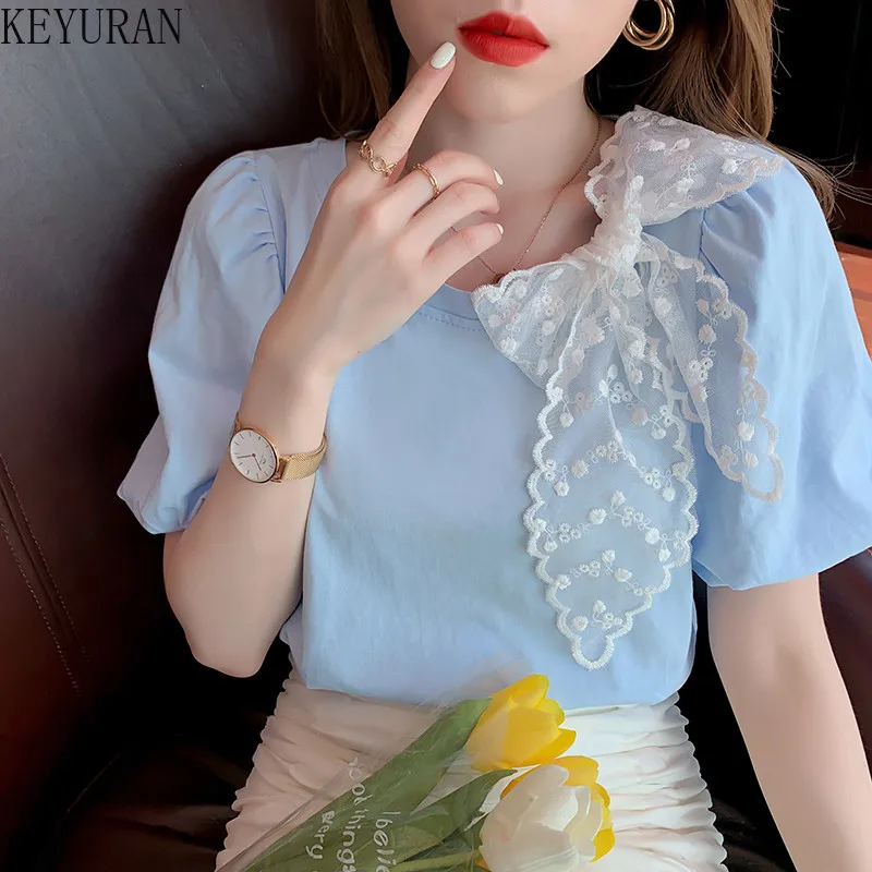 

2022 Summer Lace Bow Short Sleeve T-shirt Women O-Neck Ruff Sleeve T Shirts Tops Female Casual Loose Cotton Tees Woman