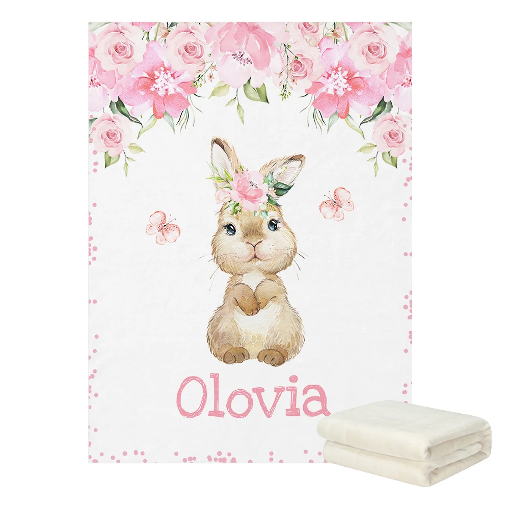 LVYZIHO Personalized Cute Bunny Rabbit Greenery Gold Baby Blanket - 30x40 / 48x60 / 60x80 Inches - Fleece Blanket