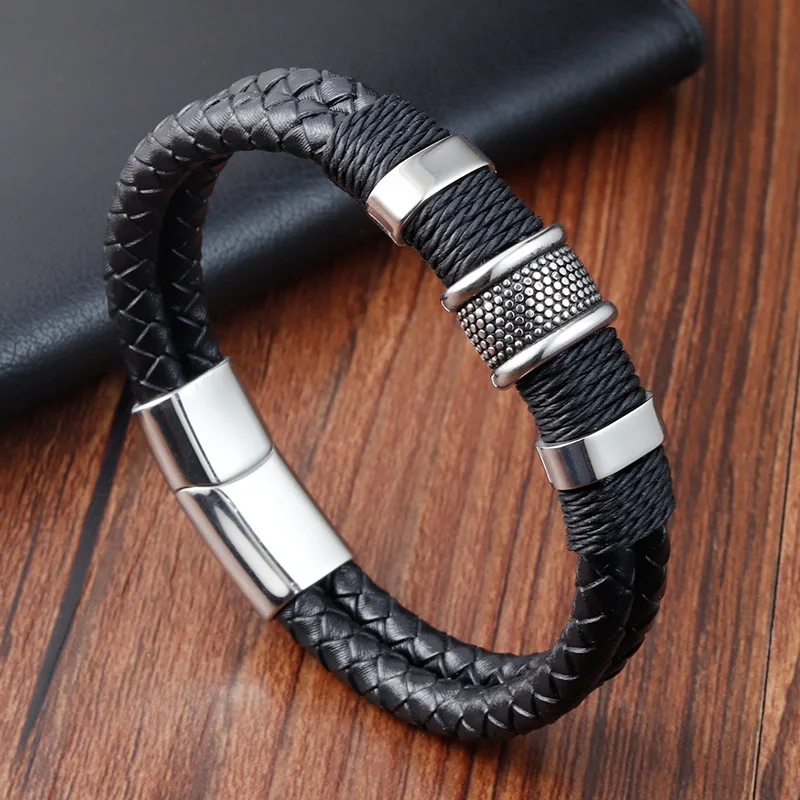 

High-grade Double Braided Bracelet Men's Cowhide Genuine Leather Stainless Steel Leather Rope Leather Bracelet Lovers Gift