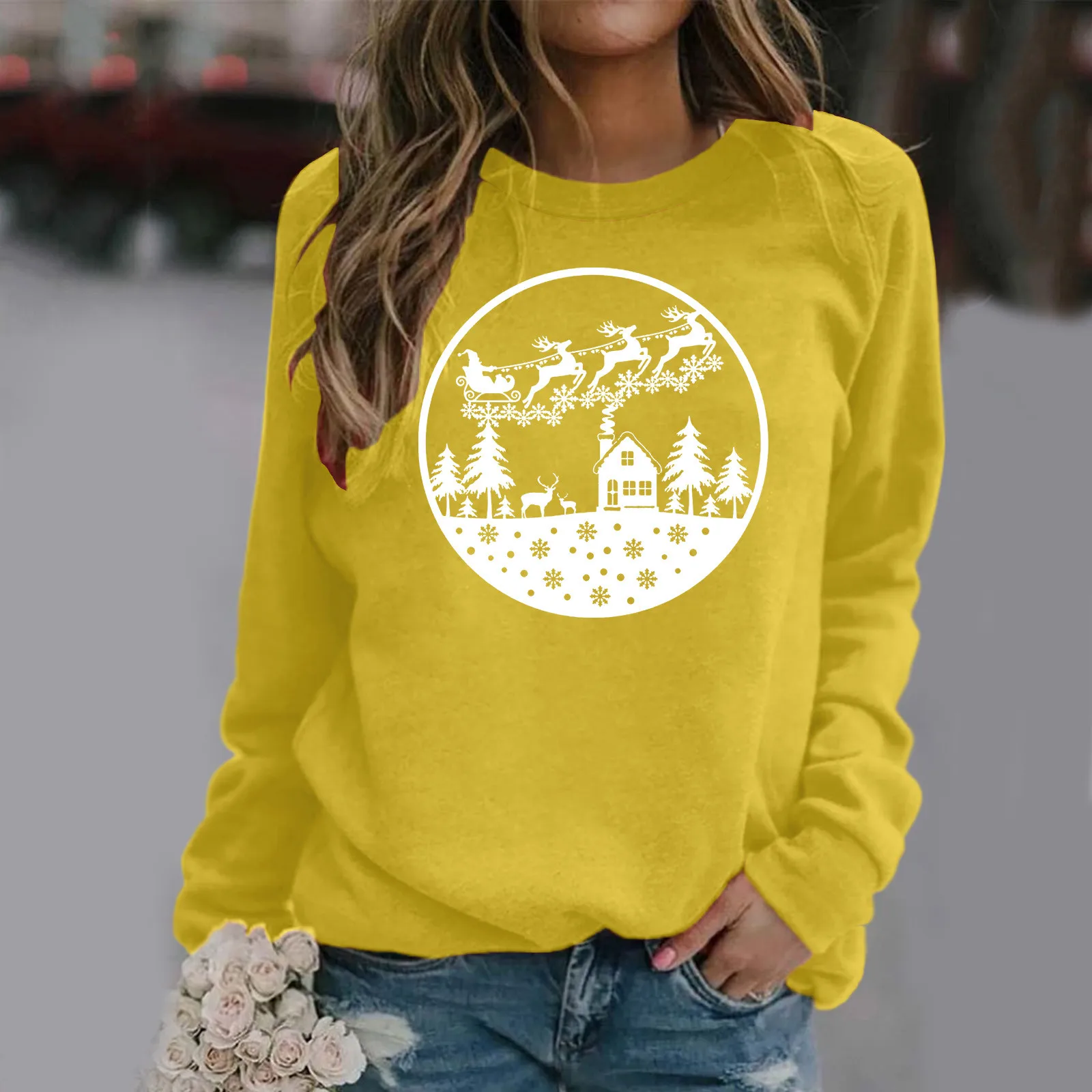 

Women Sweatshirt Merry Christmas Easy Round Collar Long Sleeve Print Blouse Casual Womens Hoodies Black Hoodie Women Glitter