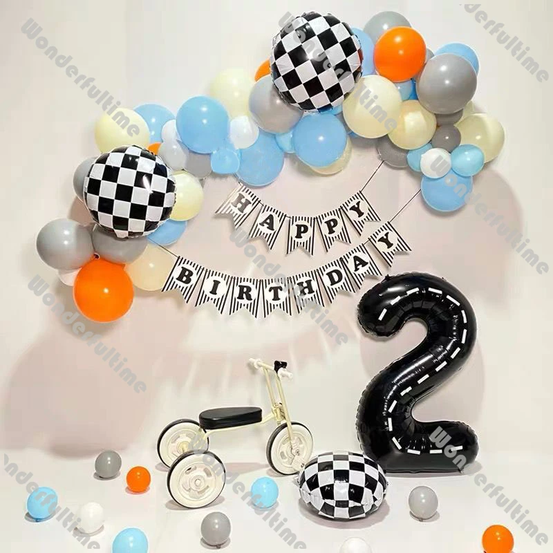 

69pcs Racing Themed Balloon Garland Birthday Party Flags Decoration Blue Gray Orange Yellow White Balloon Arch Baby Shower Decor