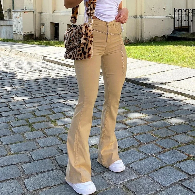 Women's Pants for Female Clothing Trouser Jean Solid Colors Streetwear New Woman High Waist Flared Jeans Khaki Black Brown Pants