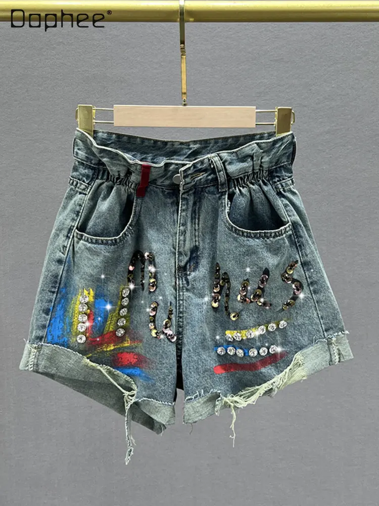 

Woman Rhinestone Ripped Jean Shorts 2023 New Summer Loose Women's Slimming High Waist Diamond-Embedded Wide-Leg Denim Hot Pants