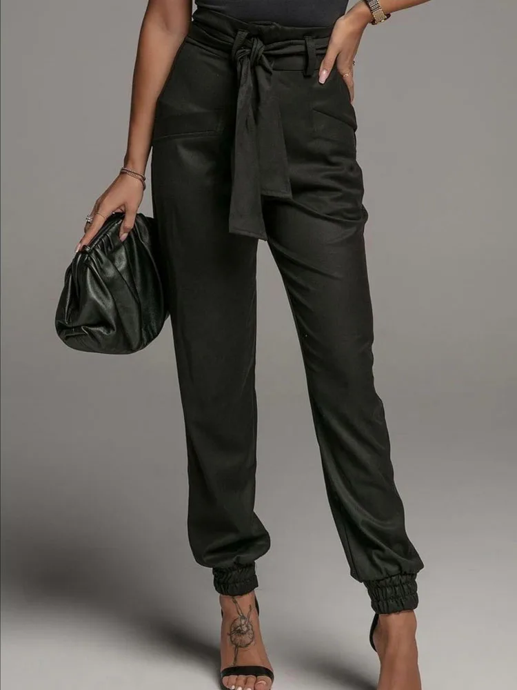 

Женские офисные брюки, однотонные модные брюки-карго с карманами и поясом на завязке, элегантная уличная одежда, женские повседневные брюки...