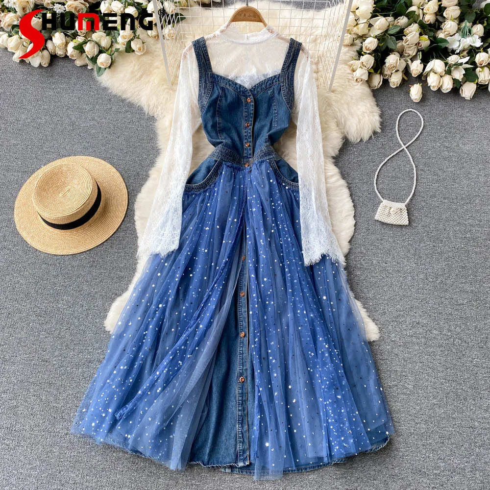 

2022 New Women's Spring Lace Top +white Shirt Retro Slimming Denim Overall Dress Sequin Fashion Dress Elegant Two Piece Set