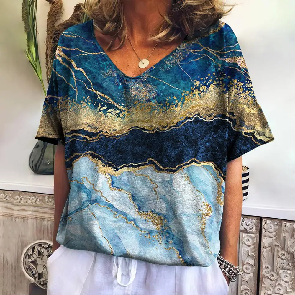 

2023 Fashion Women T-Shirt Short Sleeve Tops 3d Gradient Apparel Harajuku Streetwear V Neck Clothing Summer Ladies Shirts Tees