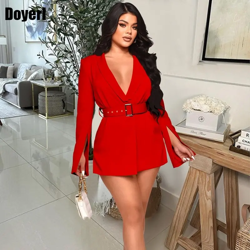 

Elegant Party Jumpsuit Women Short Blazer Playsuit Long Sleeve Split Evening Club Rompers Womens Jumpsuit with Belt Office Wears