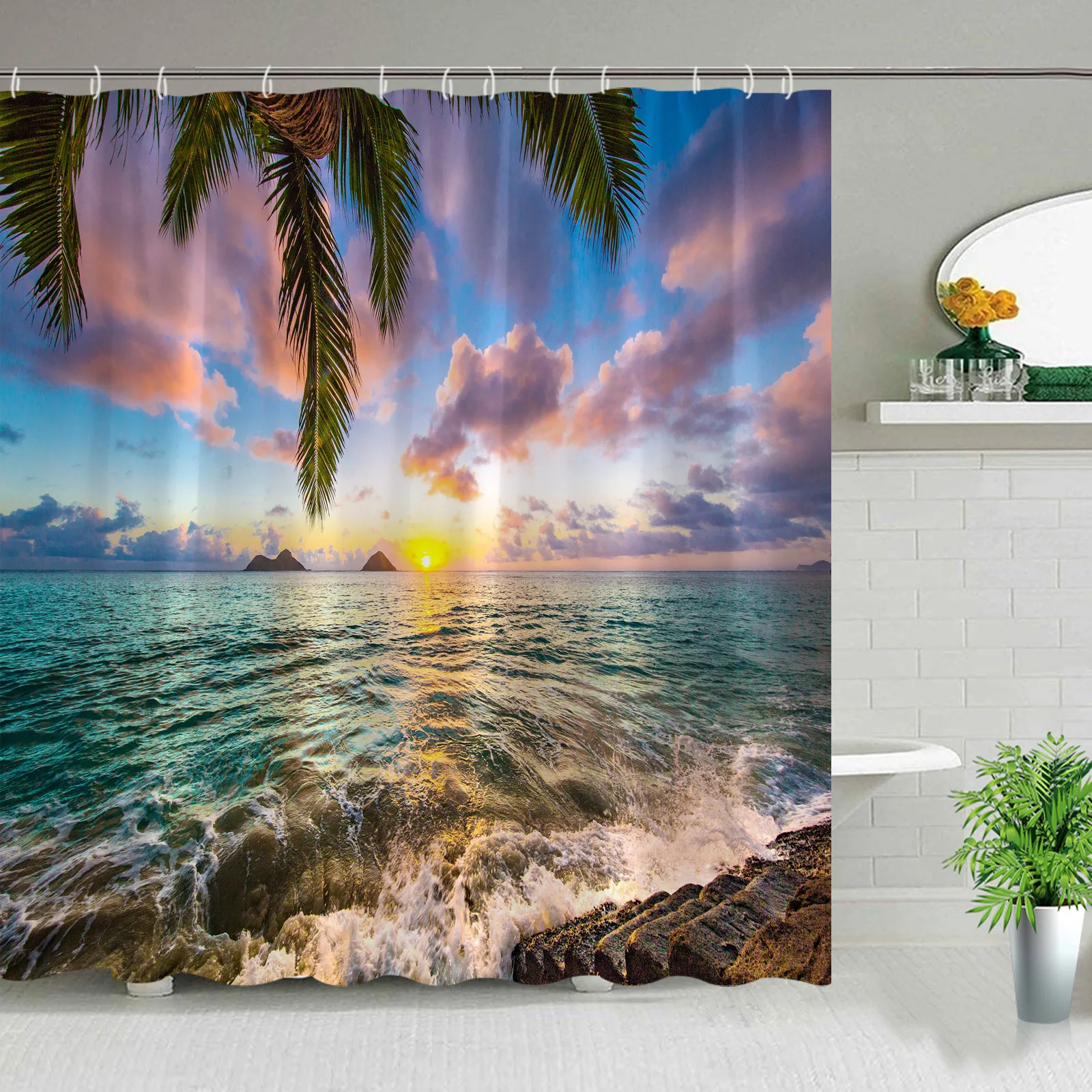 

Набор занавесок для душа с тропическим пейзажем океана, декор из полиэстера, пальмы, песчаный пляж, декоративные комплекты аксессуаров для ванной комнаты