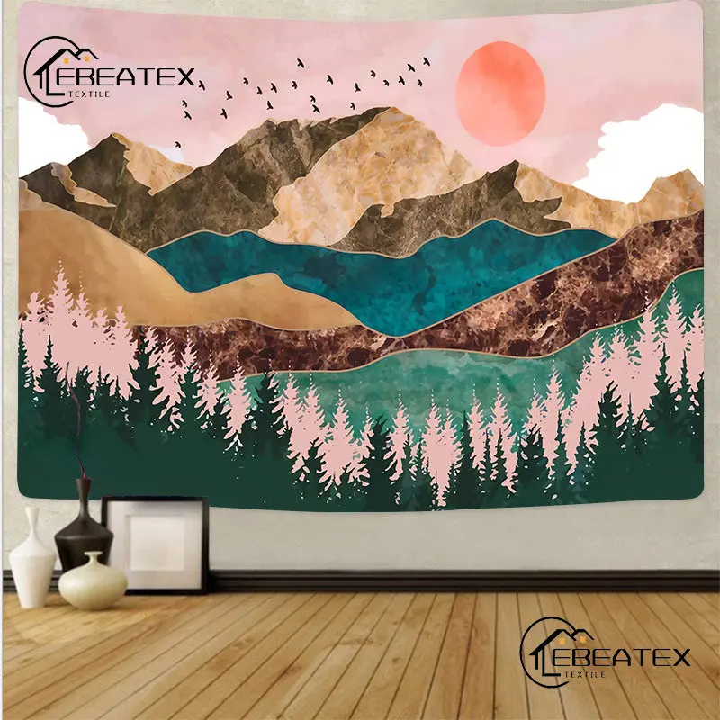 

Mountain Tapestry Forest Tree Art Pop Tapestry Wall Hanging Sunset Nature Path Landscape Green and Brown Sand Home Decor Room