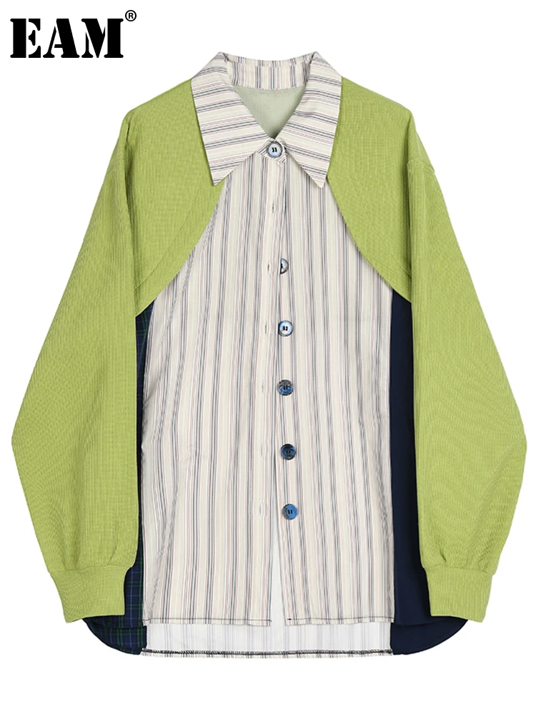 

[EAM] Women Contrast Color Green Striped Spliced Big Size Blouse New Long Sleeve Loose Shirt Fashion Spring Autumn 2022 1DD5074