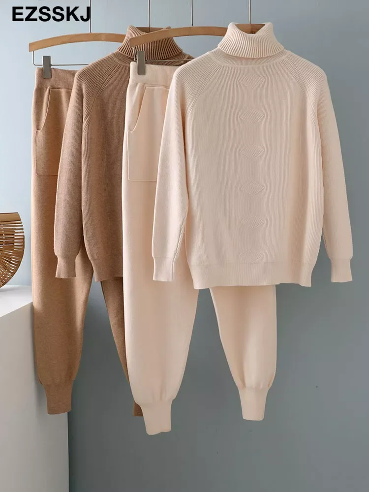 

2 Pieces Set Women Knitted Tracksuit Turtleneck Sweater + Harem pants Pullover Sweater Set CHIC Knitted Outwear sweater suit