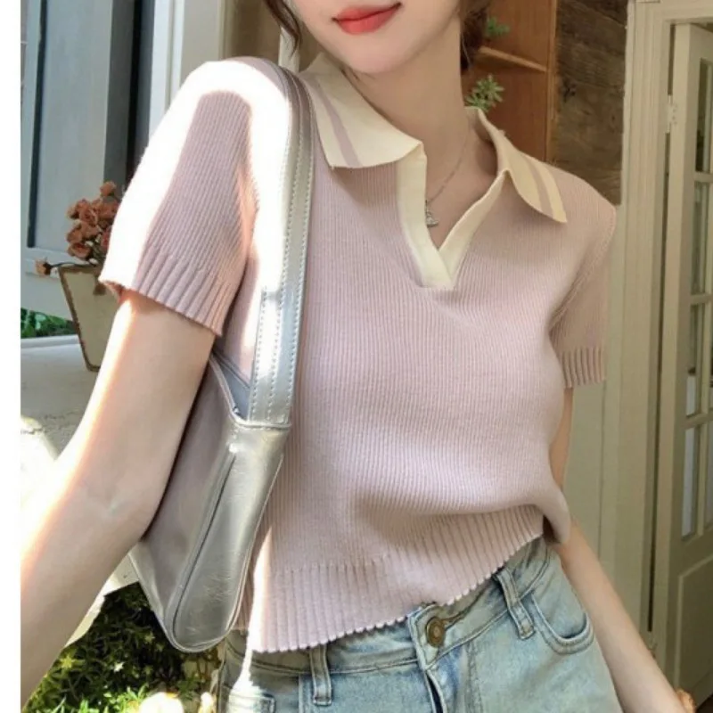 Женская летняя вязаная футболка из вискозы футболки с отложным воротником и