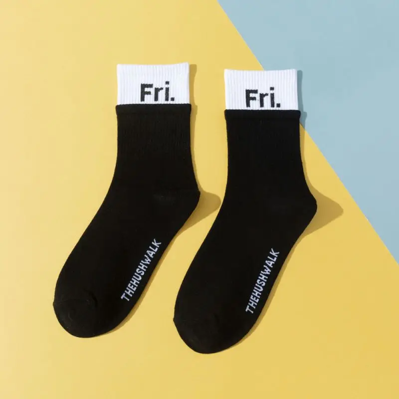 7Pairs Women's Middle Tube Socks Week Letters Stitching Contrast Color Street Cotton Socks Fashion Harajuku Casual Alphabet Sock