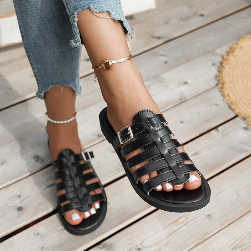 Flat Roman Sandals slippers for women 2023 summer new thick soled round toe open toe slippers women's shoes Big size 35-43