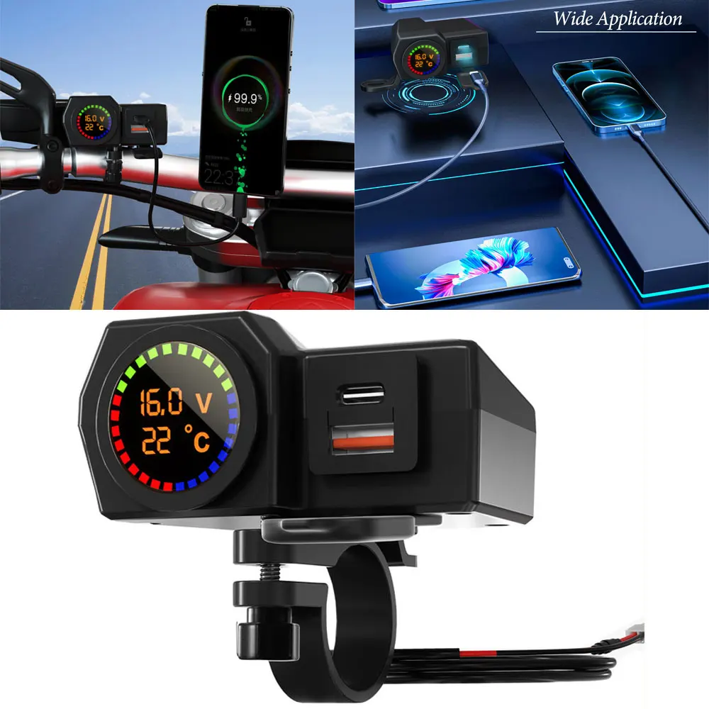 

70CM Motorcycle Charger with Color Screen Temperature and Voltage Display Dual USB TYPE C Charger For Handlebar Installation