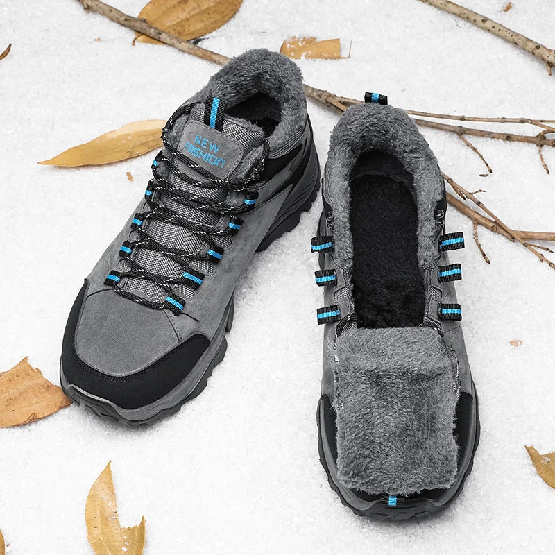 SALUDAS Men Winter Hiking Boots Leather Trekking Shoes Outdoor Fur Warm Waterproof Camping Hunting Boots Men's Winter Sneakers