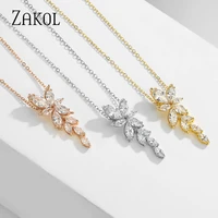 zakol fashion zirconia crystal leaf pendant necklace for women white gold color wedding earrings bridal jewelry gift np2131