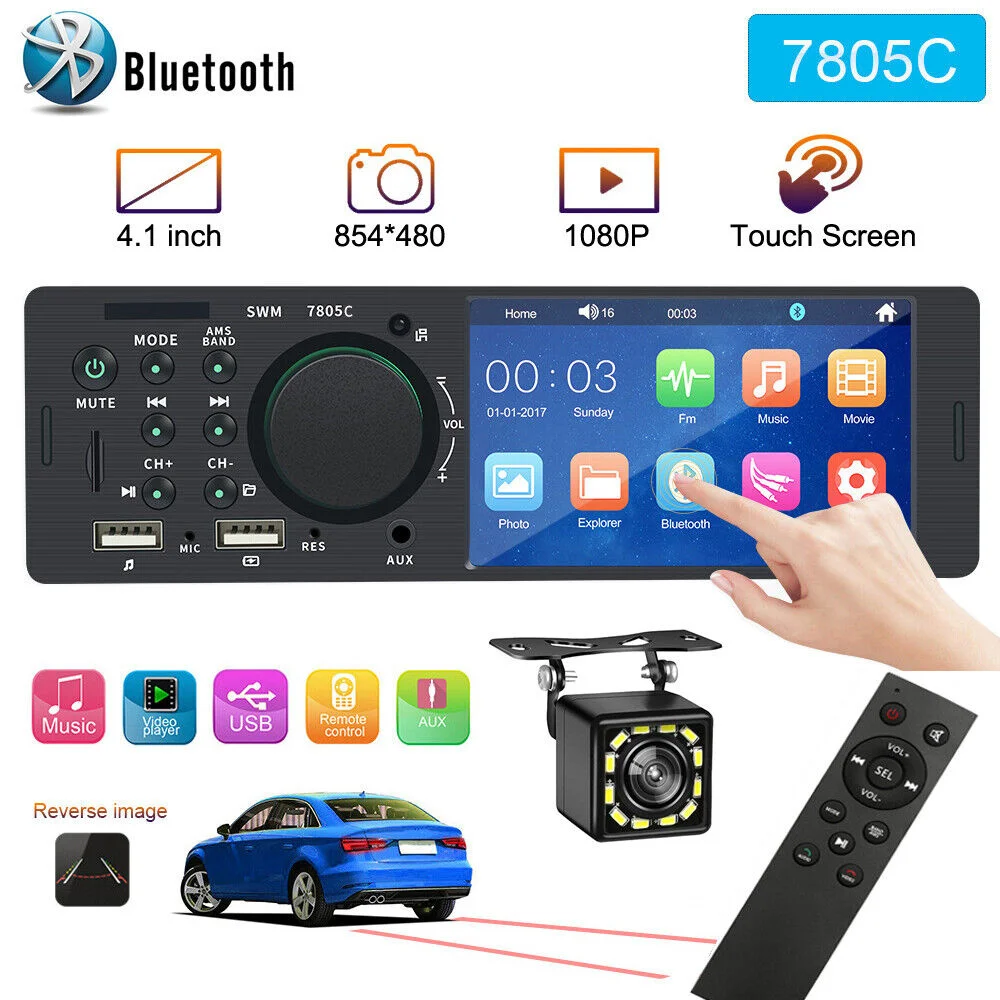 

4.1” Touch Screen Car Radio 1 Din Bluetooth Music Handsfree MP5 Player TF USB Charging Remote Audio System ISO Head Unit 7805C