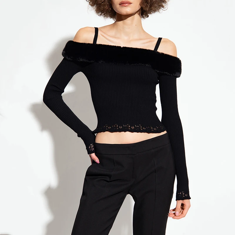 

Трикотажный свитер со съемным воротником из искусственного меха и кружевными краями, привлекательный шикарный эластичный облегающий женский свитер с длинным рукавом и лямкой на шее, новинка зимы 2023