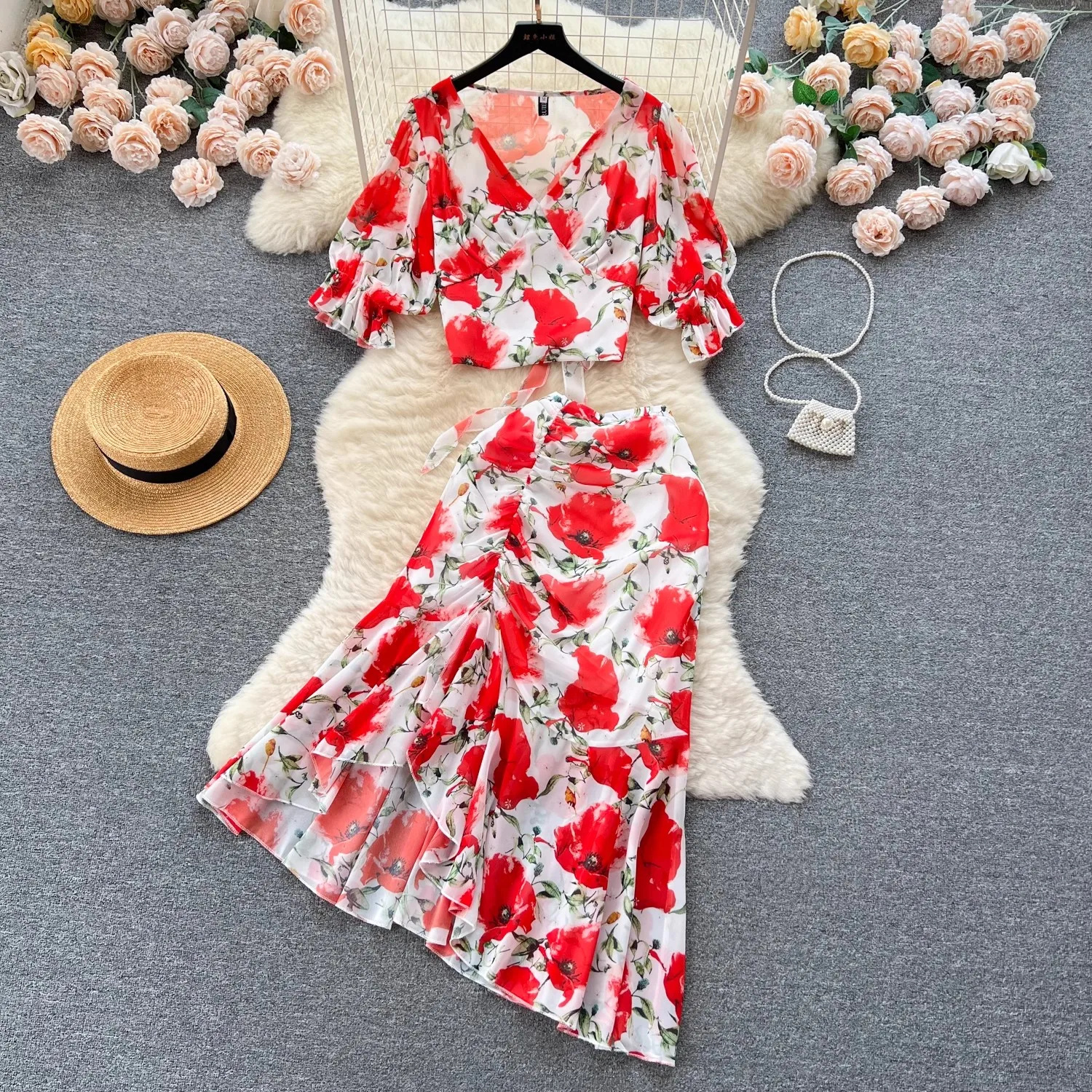 Женский модельный комплект из рубашки и блузки, элегантная Асимметричная плиссированная юбка с высокой талией и цветочным принтом, комплект из двух предметов, A1140