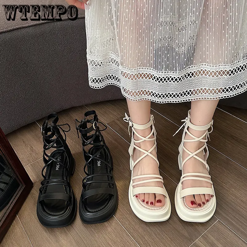 WTEMPO Women's High Heel Sandals Summer Sexy Cross Strap Shoes Fairy Style Zipper Girl Round Toe Boot Wholesale Dropshipping