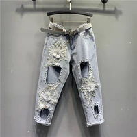 heavy industry silver three dimensional flower jeans summer new large holes ripped cropped pants girls student casual denim jean