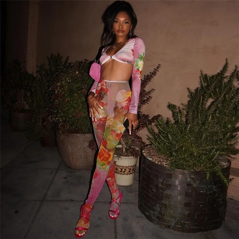 

Women Summer Dress Bathing Suit Beach Clothes 2023 Beachwear New Neck Mesh Print Top High Waist Pants Set For Spandex Outings