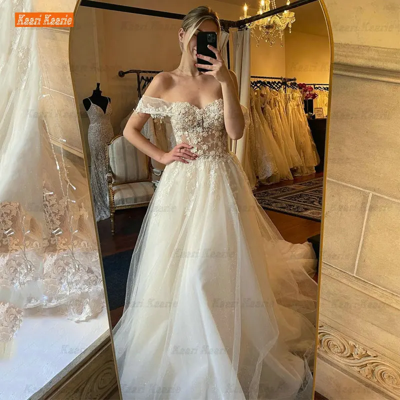 

Classic A-Line Wedding Dresses For Women 2022 Elegant Lace Applique Off The Shoulder Bride Gown Boho Princess Vestidos De Novia