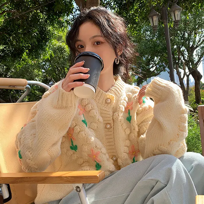 

Loose Print O-neck Sweater 2022 Women's Vintage Single Breasted Knitted Cardigans Chic All-Match Ladies Preppy Style Clothes B72