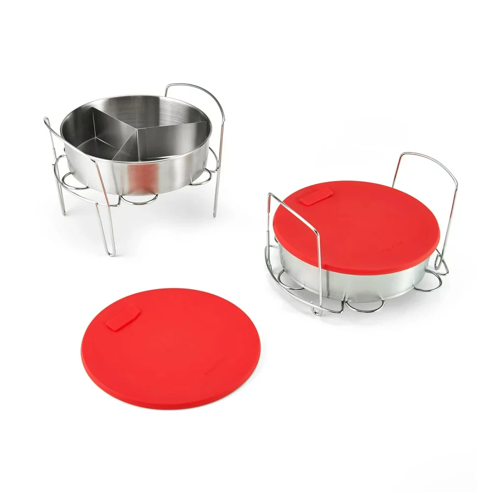 

Official 8-piece Cook/ Set 2 Pans, 2 Wire Racks, 2 Red Silicone Lids, 1 Removable Divider, and Removable Base