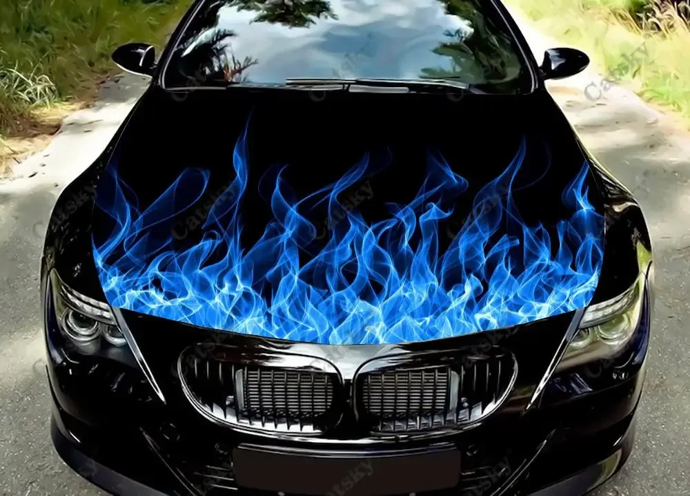 Виниловые наклейки на капот автомобиля с принтом синего огня и лошади, виниловая пленка, наклейки на крышку двигателя, автомобильные аксессуары, украшение