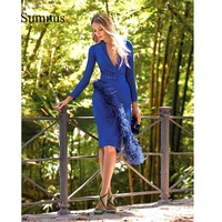 sumnus royal blue deep v neck evening dress long sleeve feather midi prom dresses elegant party evening gowns for mother