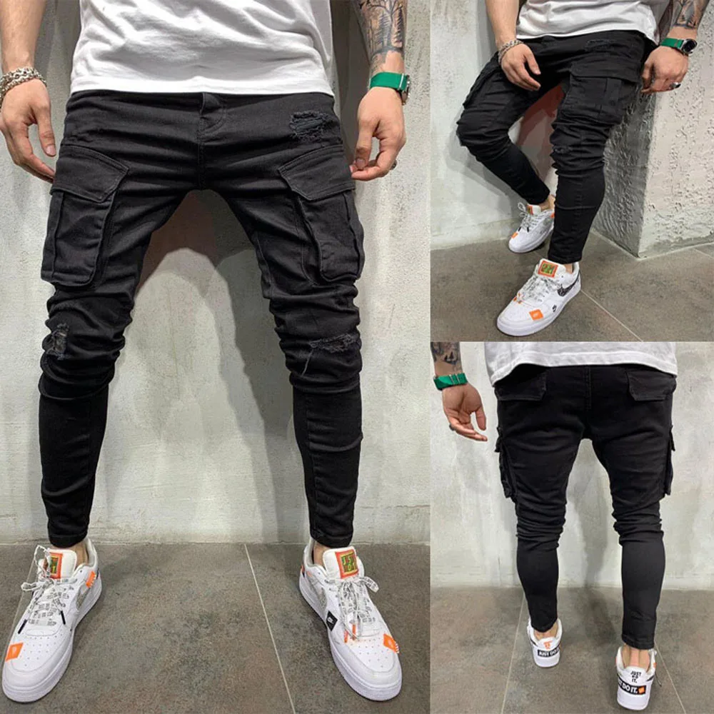 Men Stretchy Multi-pocket Slim Fit Ripped Jeans Black Elastic Waist Pants Motociclista Cargo traight Men's Jeans Male Trousers