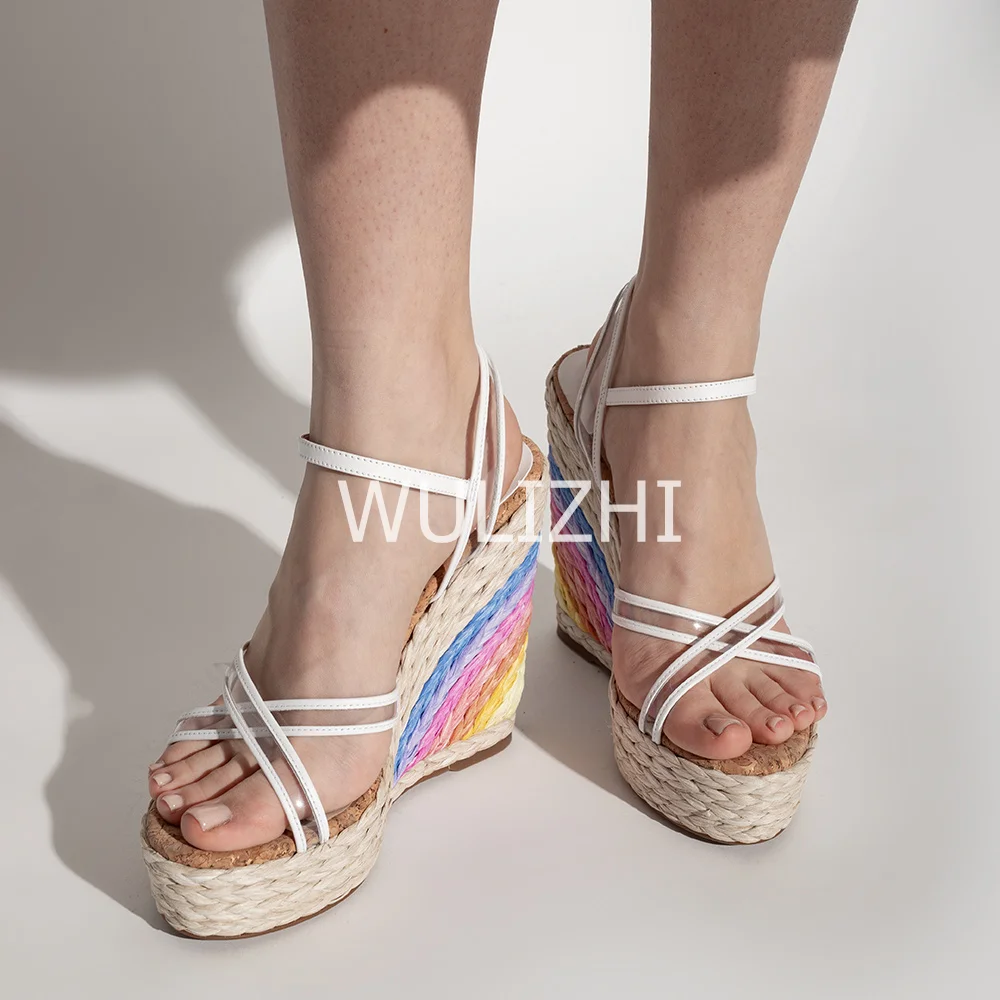 Women Elegant Rainbow Wedge Espadarille Open Slingback Platform Buckle Sandals Cross Design Mixed Colors Cute Sweet Dress Shoes
