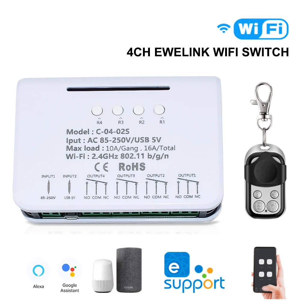 

220V Ewelink WIFI Relay Module Inching Switch 4HC Motor Garage Controller DC 7-32V Work With Alexa Google Home RF 433