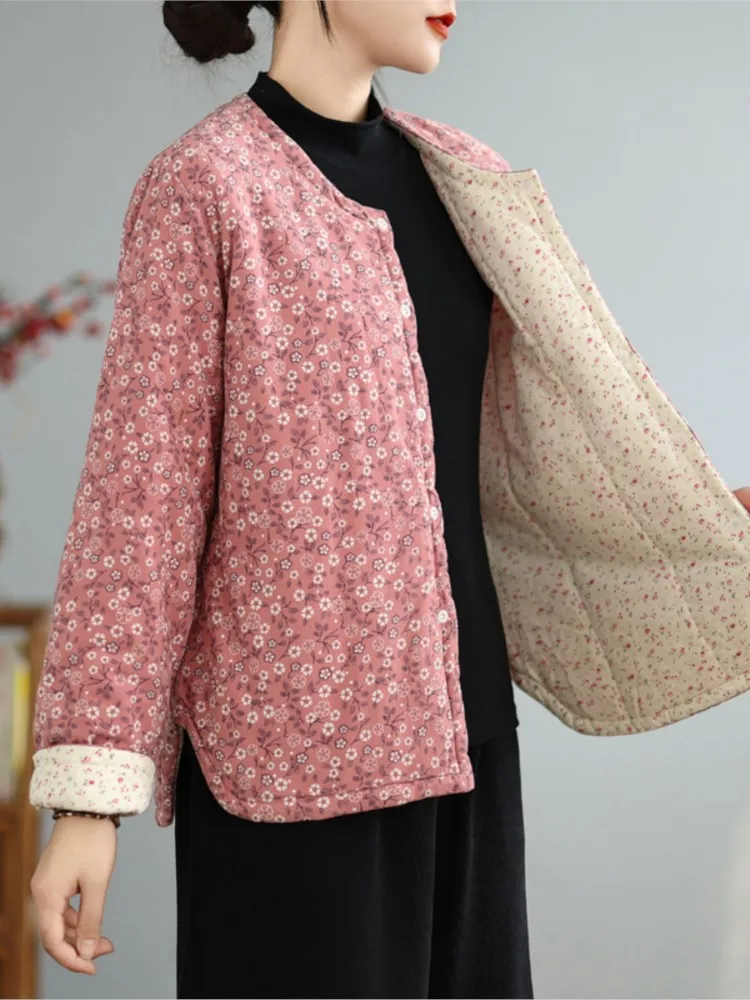 Оверсайз осенне-зимнее стеганое хлопковое пальто с цветочным принтом женское