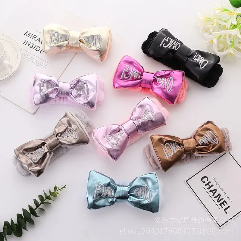 Повязка на голову Женская флисовая эластичная с бантом и надписью OMG |