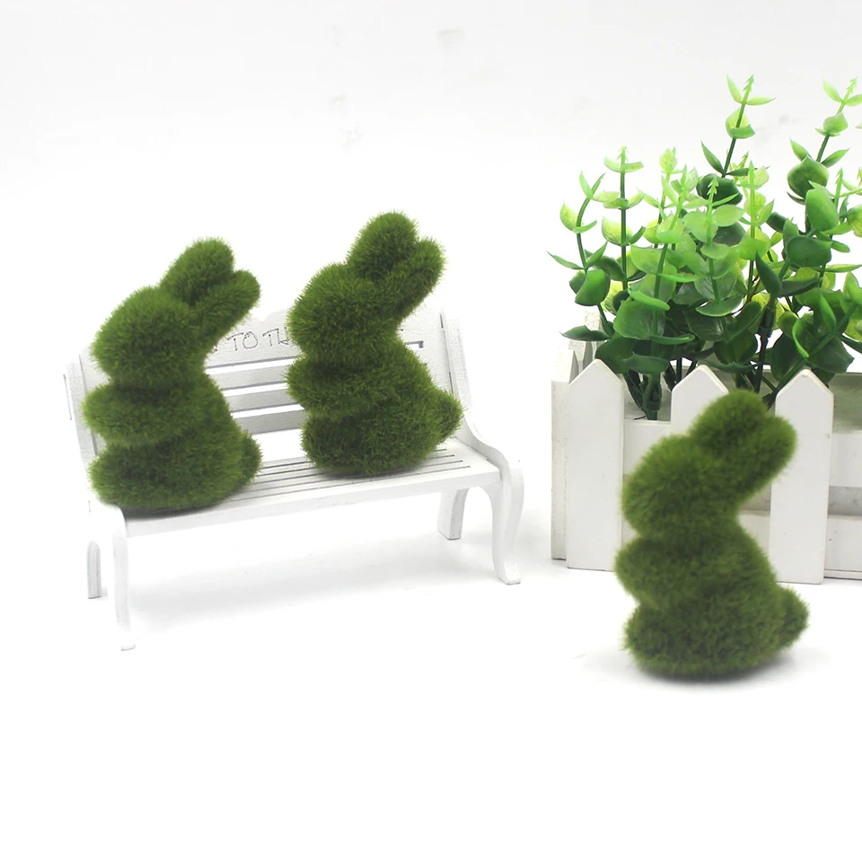 

2PCS Green Easter Moss Rabbit Statue Handmade Artificial Turf Grass Bunny Animal Figurines Ornament Spring Table Garden Decor