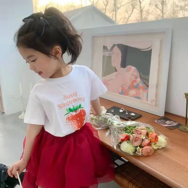 

Kids Girls Short Skirt Set New Strawberry Short Sleeve T-Shirt Mesh Skirt 2 Piece Set Summer Children's Baby Clothes Set
