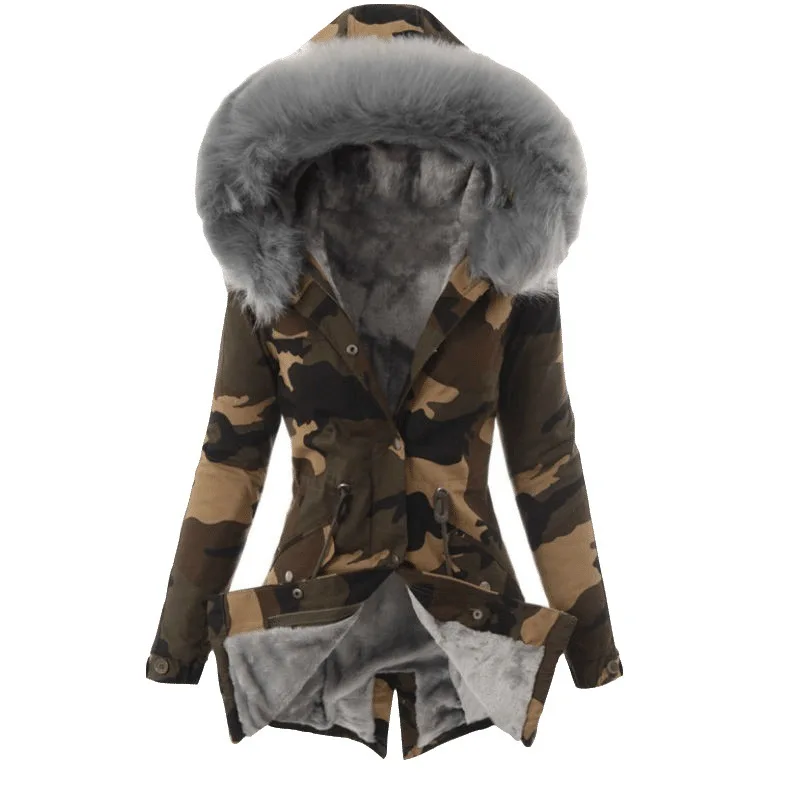 Autumn and winter coat warm cotton coat plush thickened wool collar hooded camouflage cotton coat for women