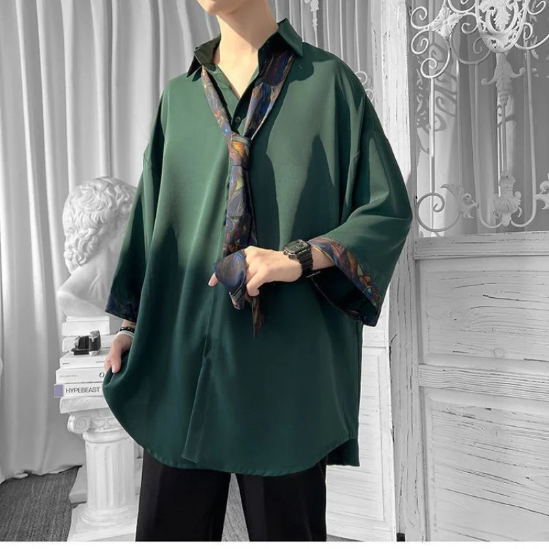 EOENKKY/Half Sleeve Men Solid Shirts Summer Casual Oversize Blouses Dark Green Fashion Male Cardigan Vintage Korean Clothing